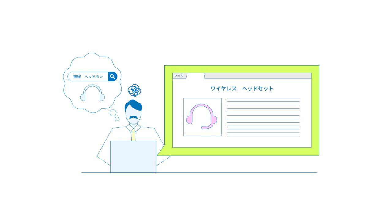 検索システムのシステム管理者が検索ヒット率UPで悩んでいるイメージ(「無線 ヘッドホン」 ,「ワイヤレス ヘッドホン」のキーワードは不一致でたどりつけない)