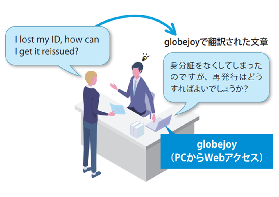 スムーズな窓口対応で所員も質問した外国人も喜んでいるイメージ