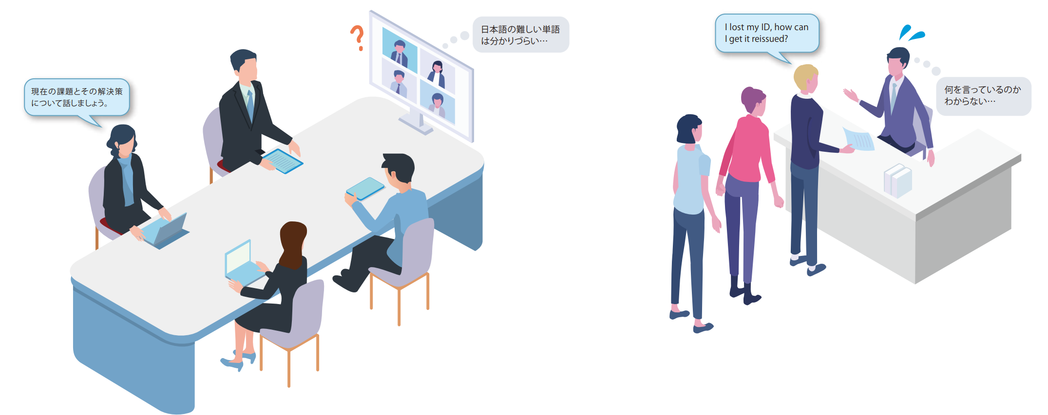 言語の壁で会議やリアルタイムコミュニケーションがスムーズに行えないイメージ