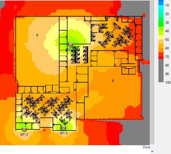 NetAlly AirMagnet Survey PROの実際のヒートマップの画面（色（赤、オレンジ、黄色、黄緑）で電波強度がわかる）