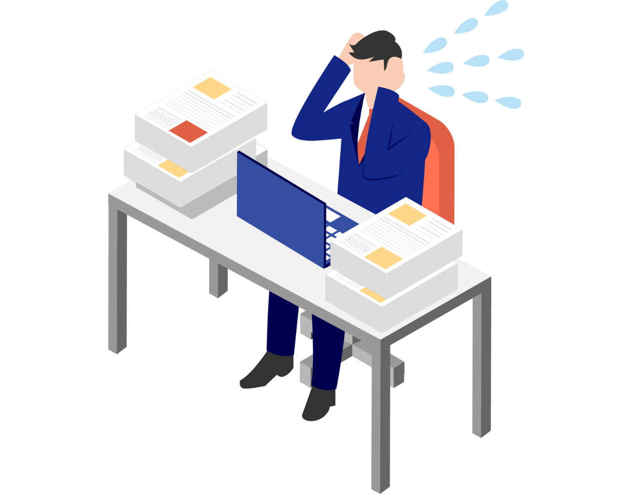 デスクで悩んでいる自治体職員のイラスト