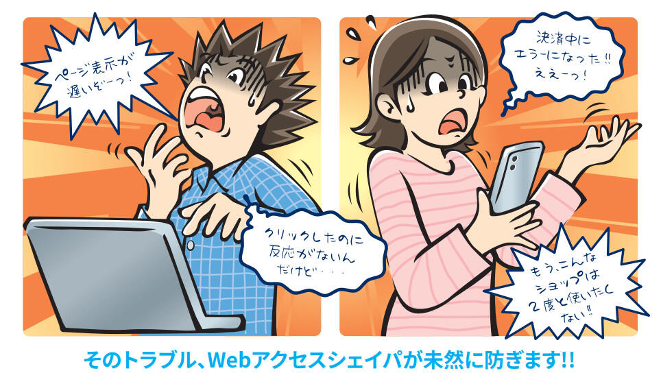 「ページの表示が遅い」「クリックしたのに反応がないんだけど…」「決済中にエラーになった!!」「もうこんなショップ、2度と使いたくない!」とお客様が困っている様子と、そのトラブル、Webアクセスシェイパが未然に防ぎます!!の文言の図