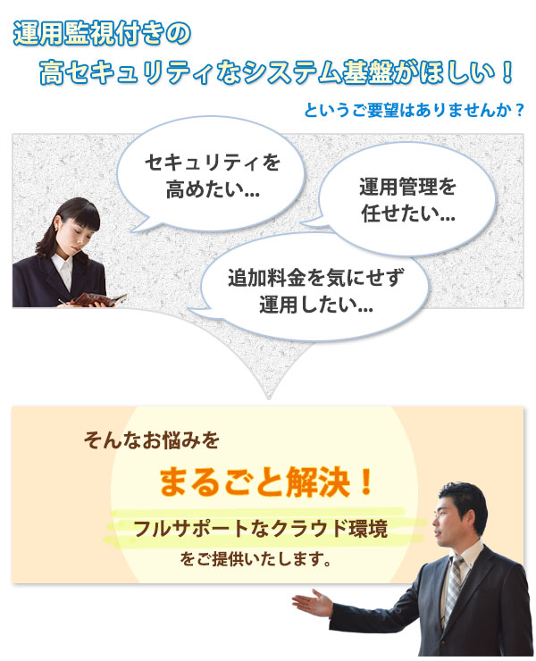 イメージ「運用監視付きの高セキュリティなシステム基盤がほしい！」というご要望はありませんか？そんなお悩みをまるごと解決！フルサポートなクラウド環境をご提供いたします。