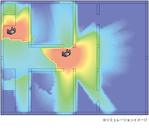 NTT-ATの無線LANシミュレーションソフトは、遮蔽物による電波の影響を可視化できるため、APの最適な位置と設置台数が算出可能。